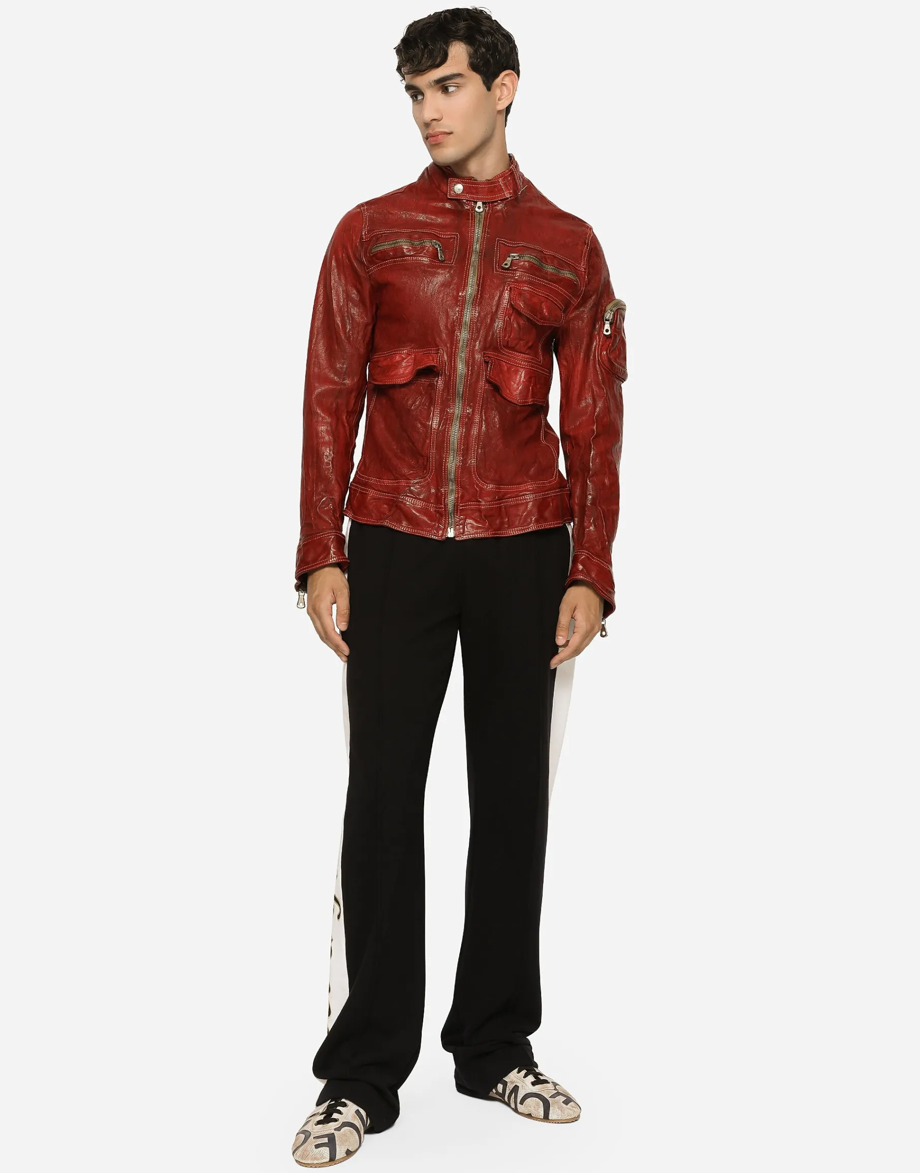 Multi-pocket washed leather jacket