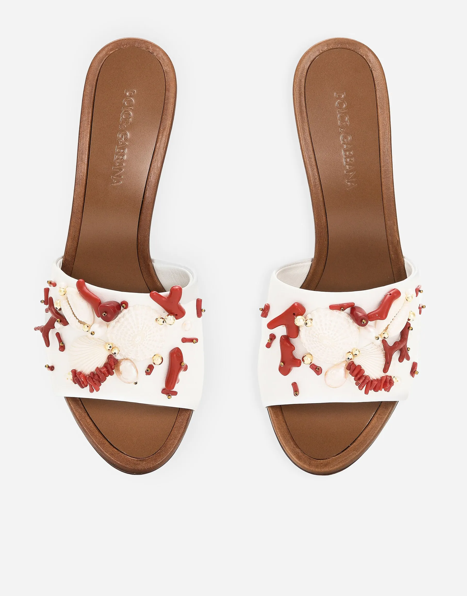 Nappa leather mules with coral embroidery