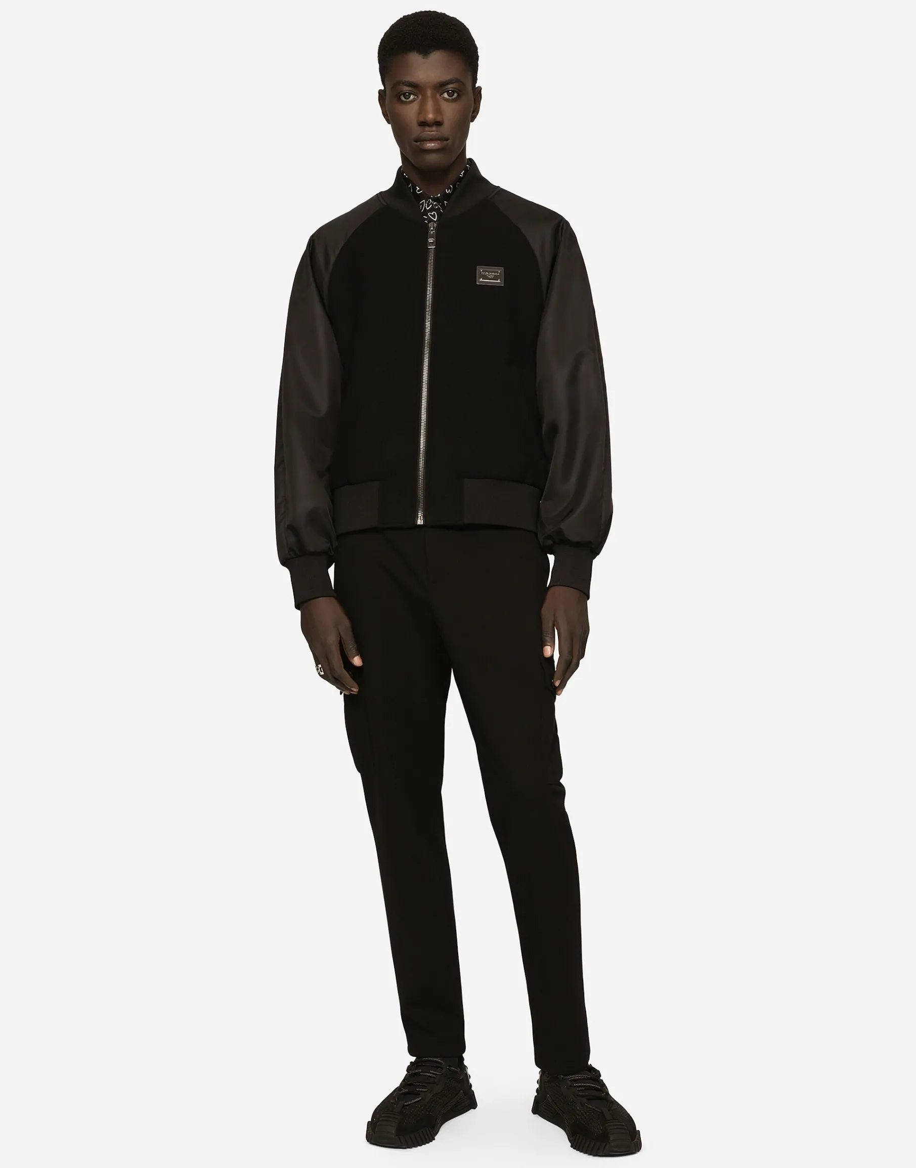 Nylon and wool jacket with branded tag