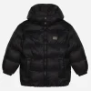 Nylon down jacket with hood and logo tag