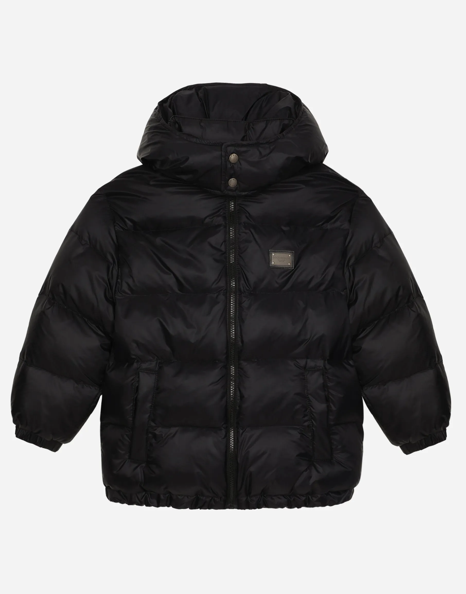Nylon down jacket with hood and logo tag