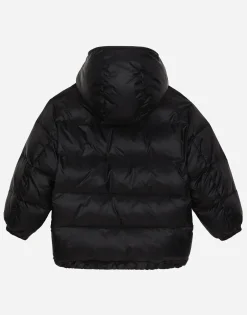 Nylon down jacket with hood and logo tag