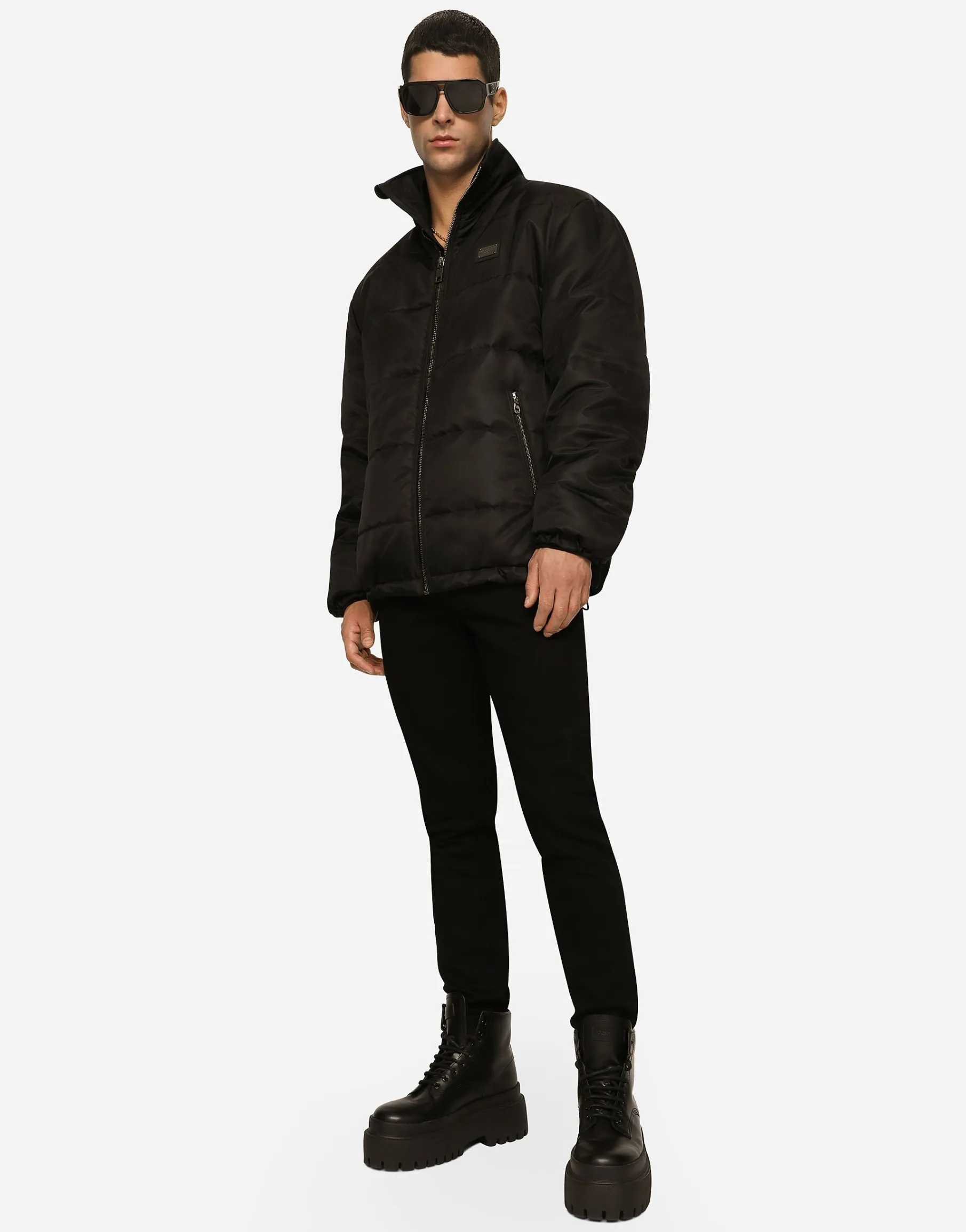 Nylon high-necked jacket with branded tag