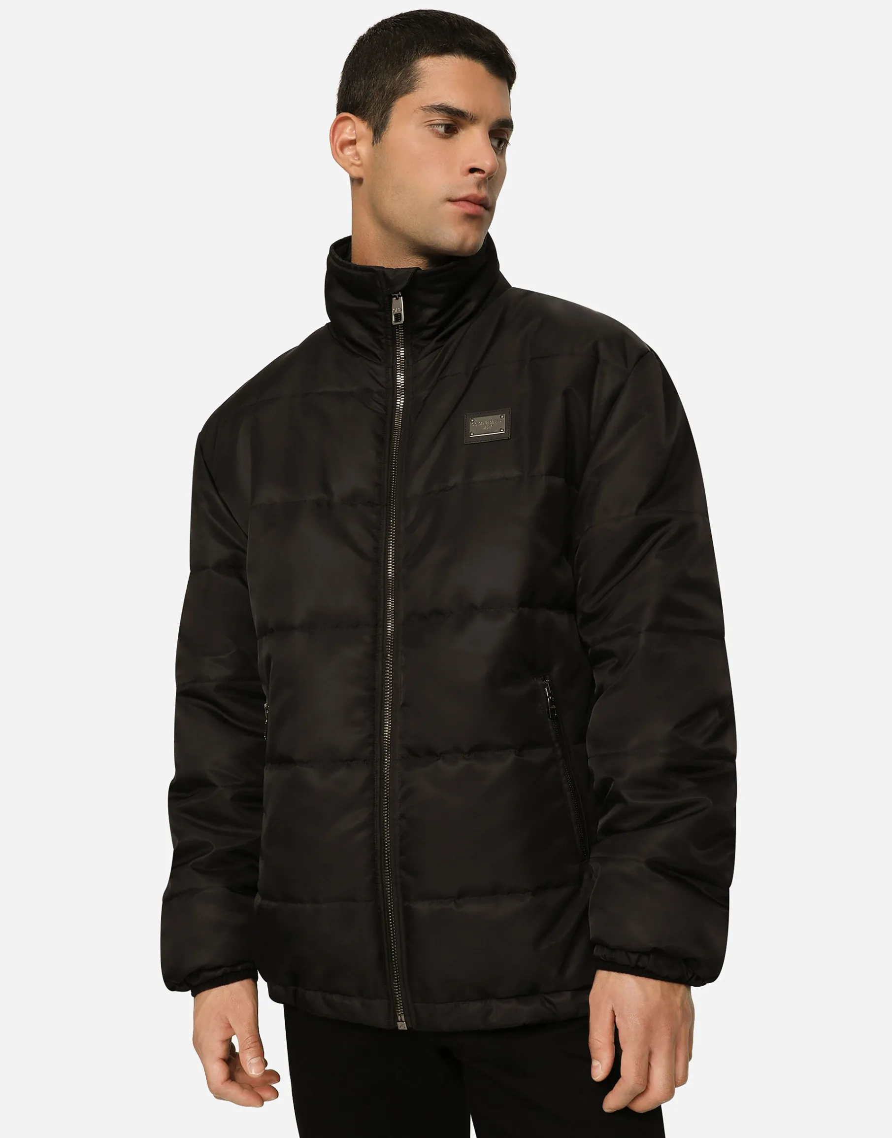 Nylon high-necked jacket with branded tag