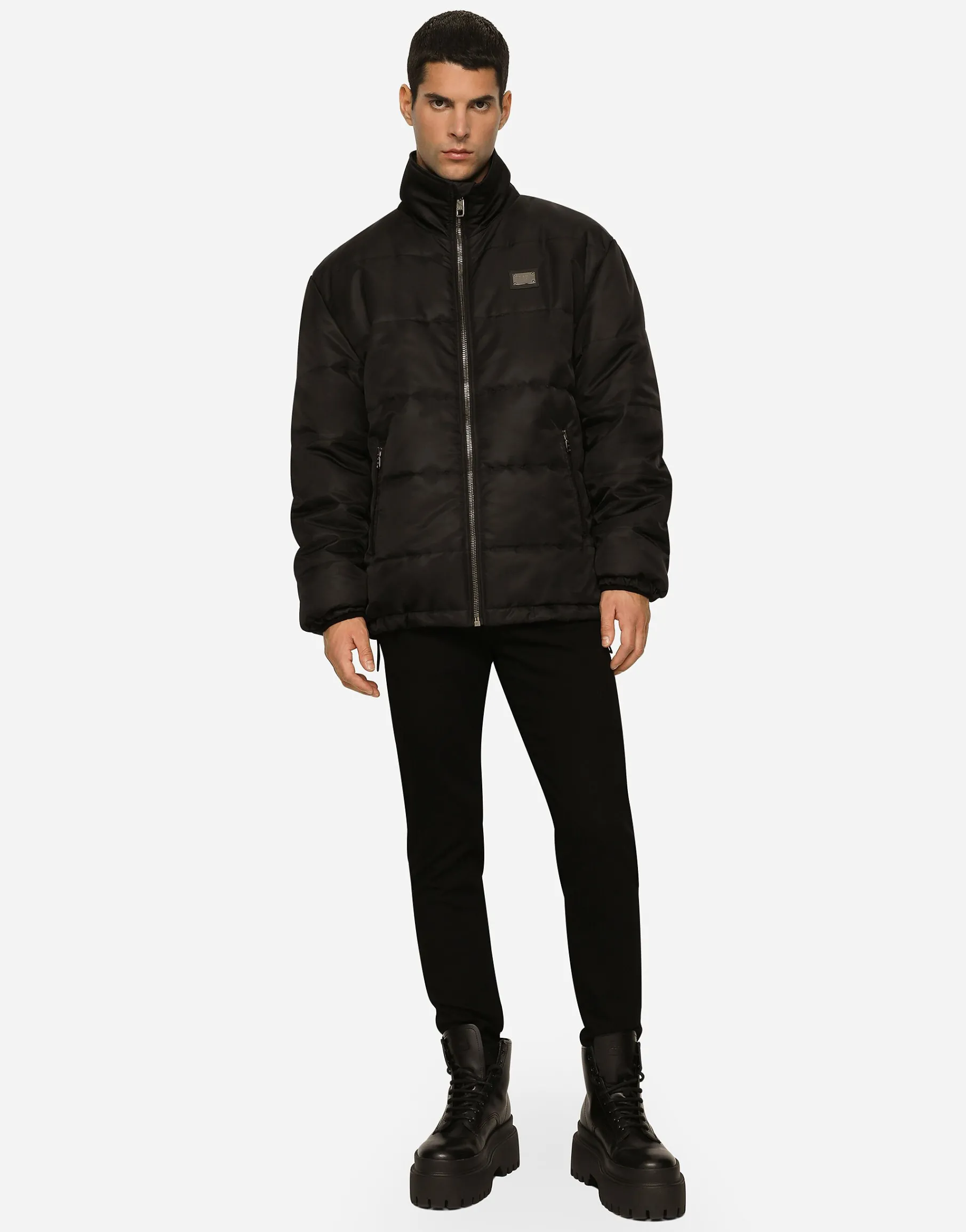 Nylon high-necked jacket with branded tag