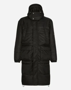 Nylon jacket with hood and branded tag