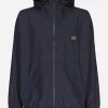 Nylon jacket with hood and branded tag