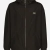 Nylon jacket with hood and branded tag