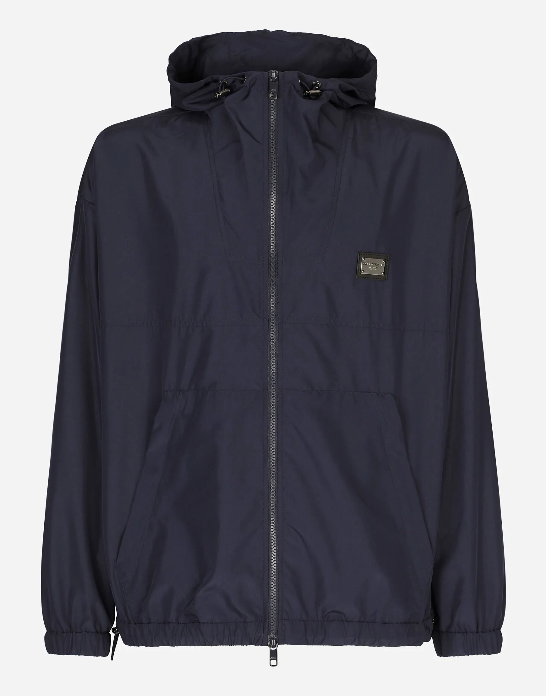 Nylon jacket with hood and branded tag