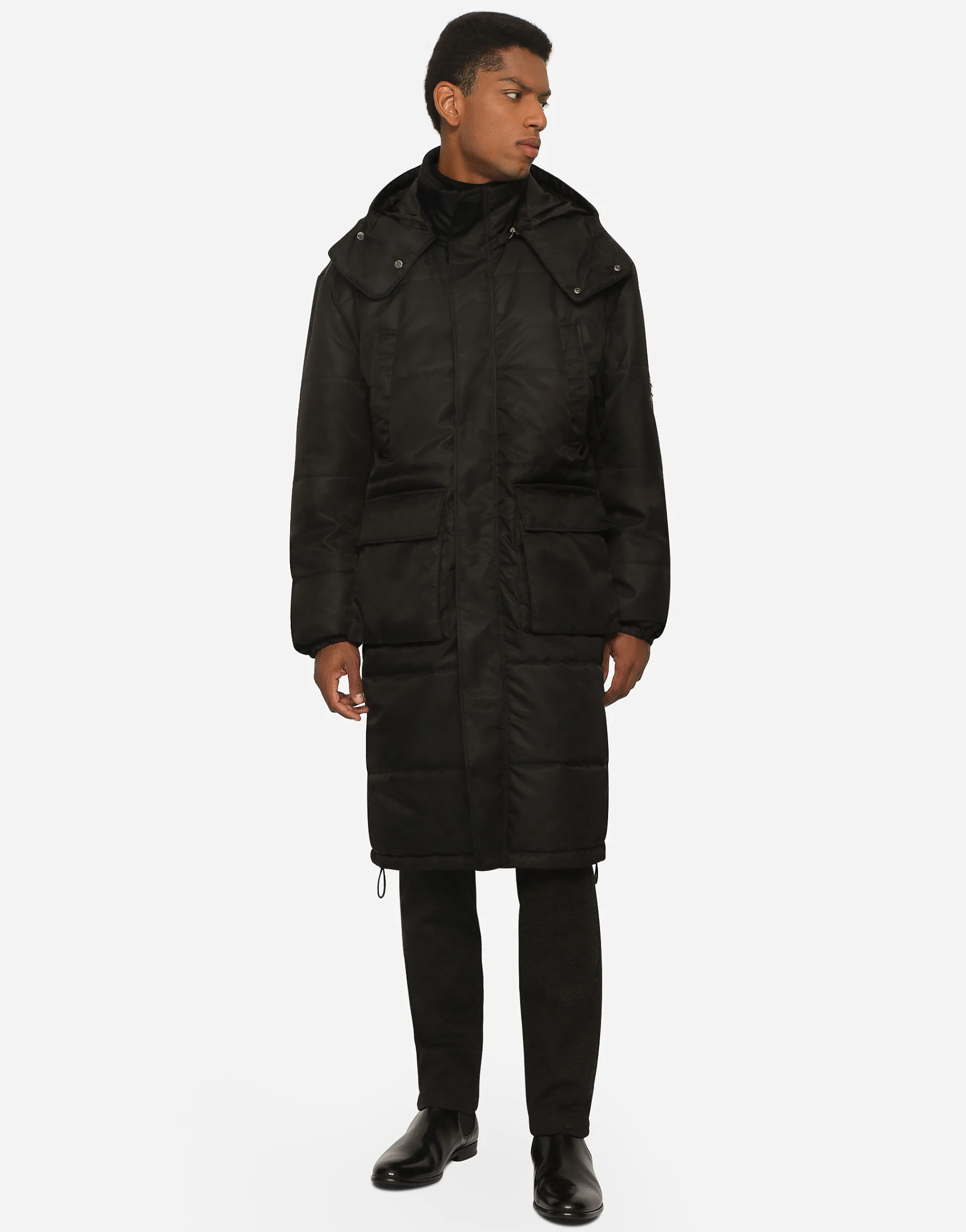 Nylon jacket with hood and branded tag