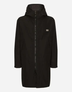 Nylon parka with hood and branded tag