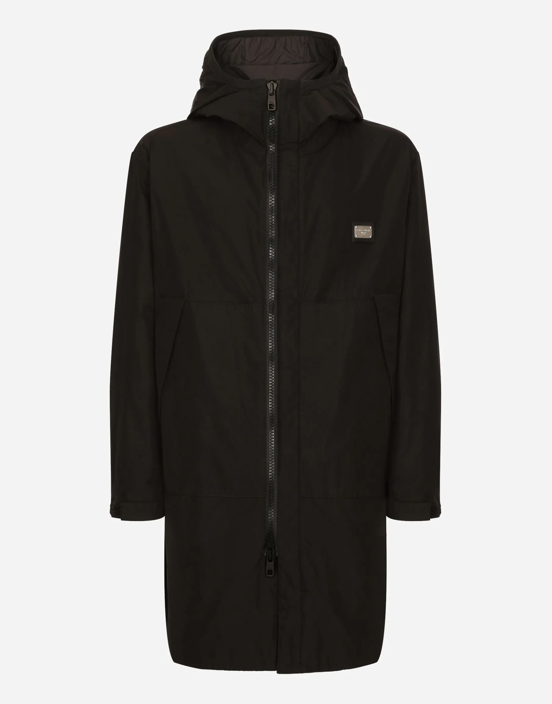 Nylon parka with hood and branded tag