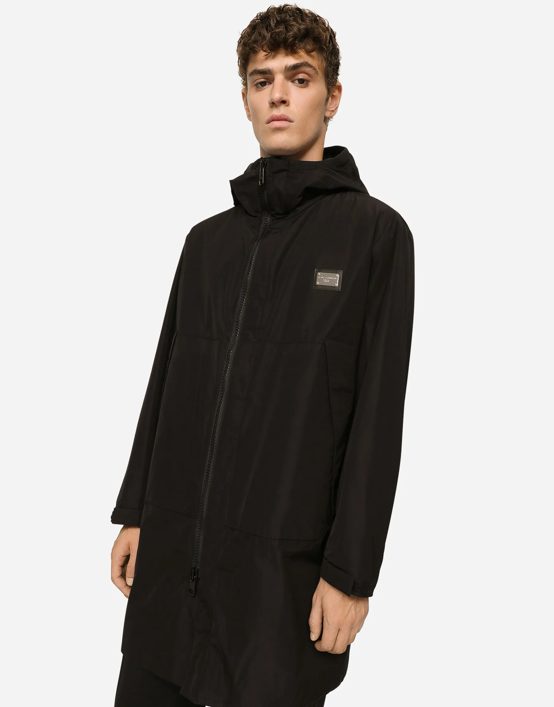 Nylon parka with hood and branded tag