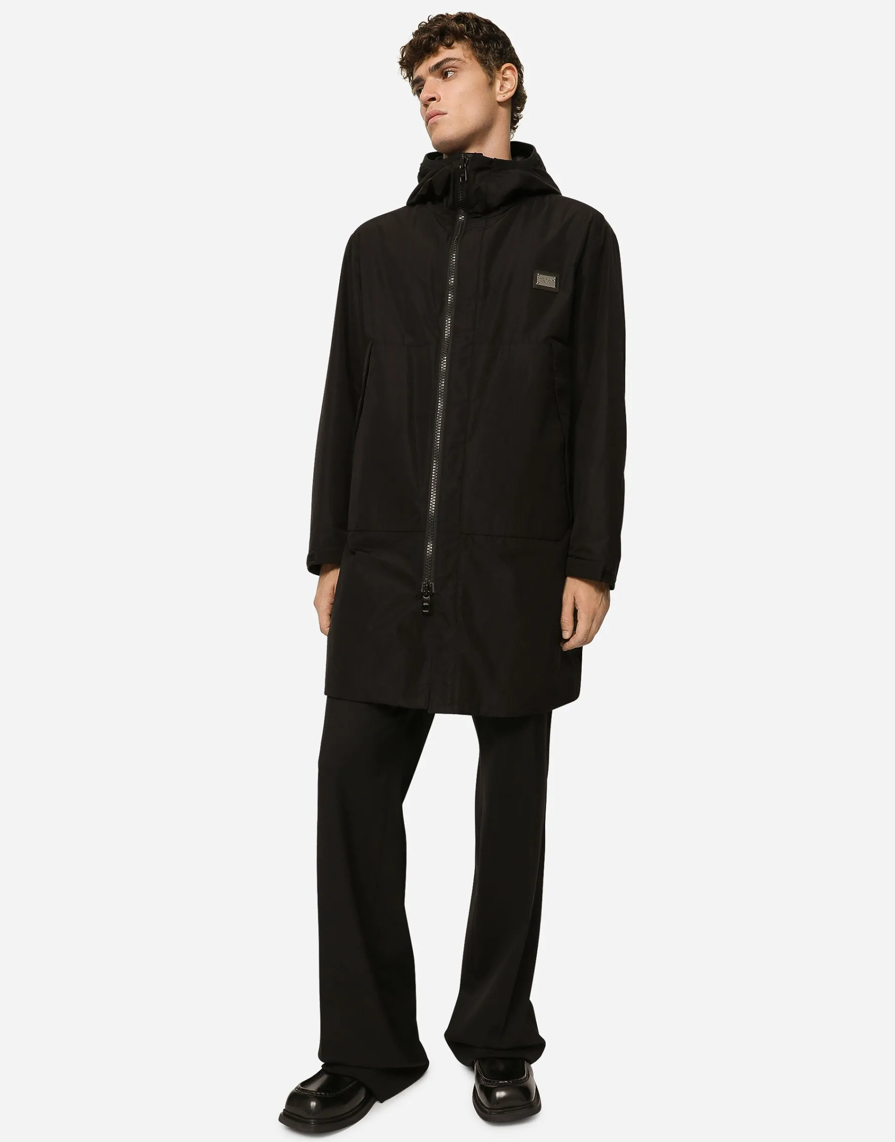 Nylon parka with hood and branded tag