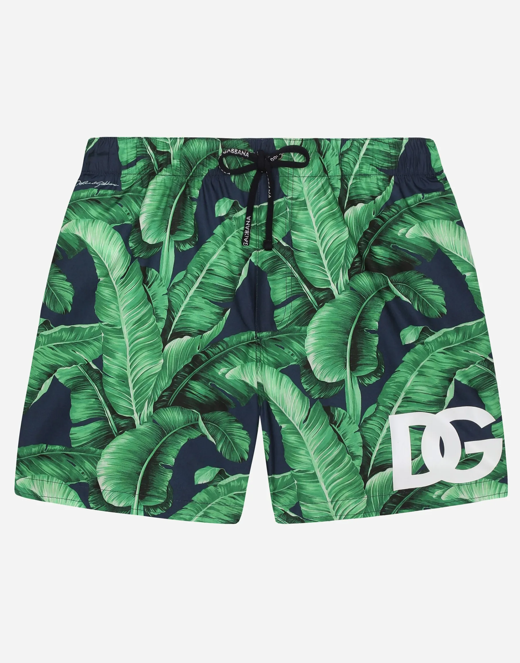 Nylon swim trunks with banana tree print