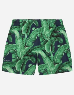 Nylon swim trunks with banana tree print