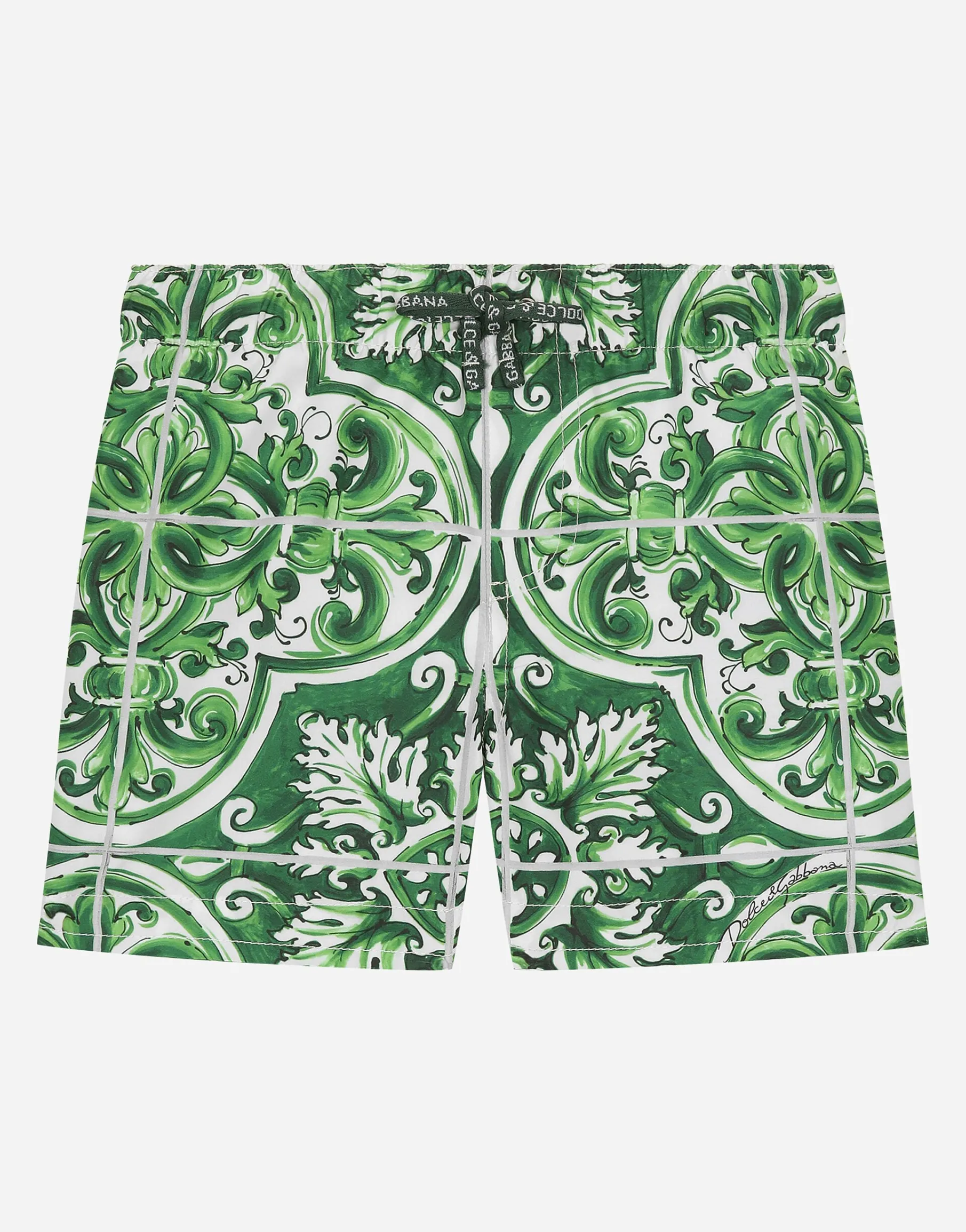 Nylon swim trunks with green majolica print