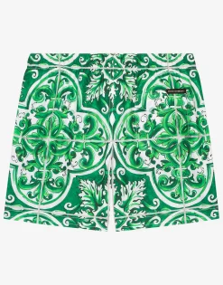Nylon swim trunks with green majolica print