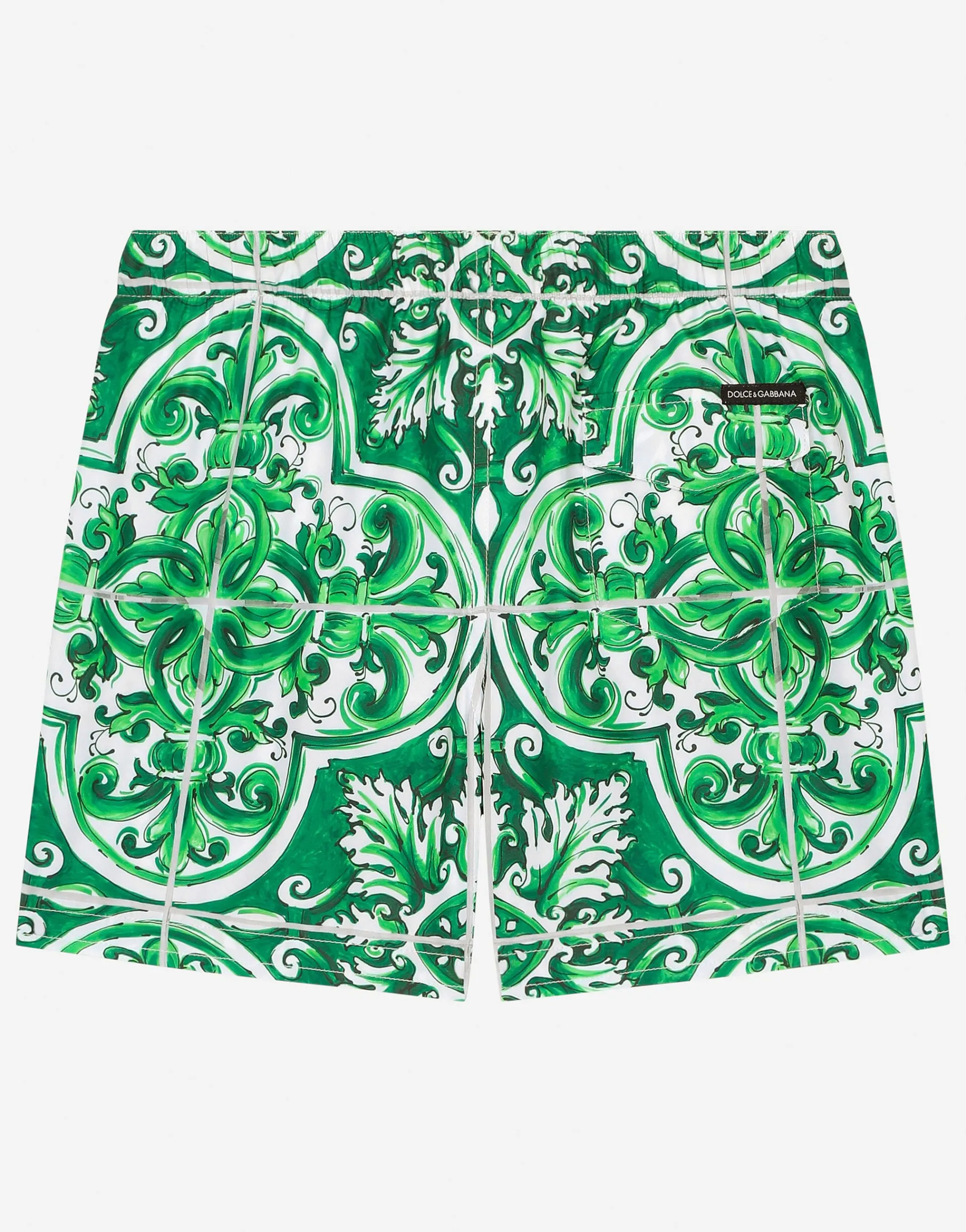 Nylon swim trunks with green majolica print