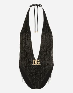 One-piece swimsuit with bead fringing