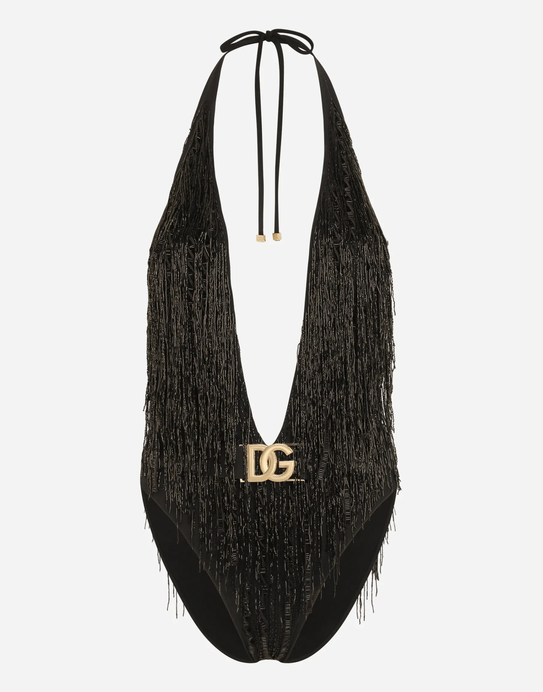 One-piece swimsuit with bead fringing