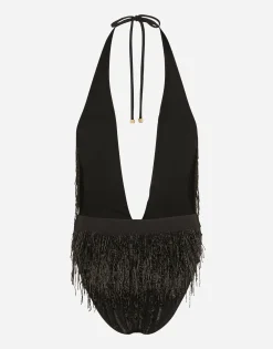 One-piece swimsuit with bead fringing