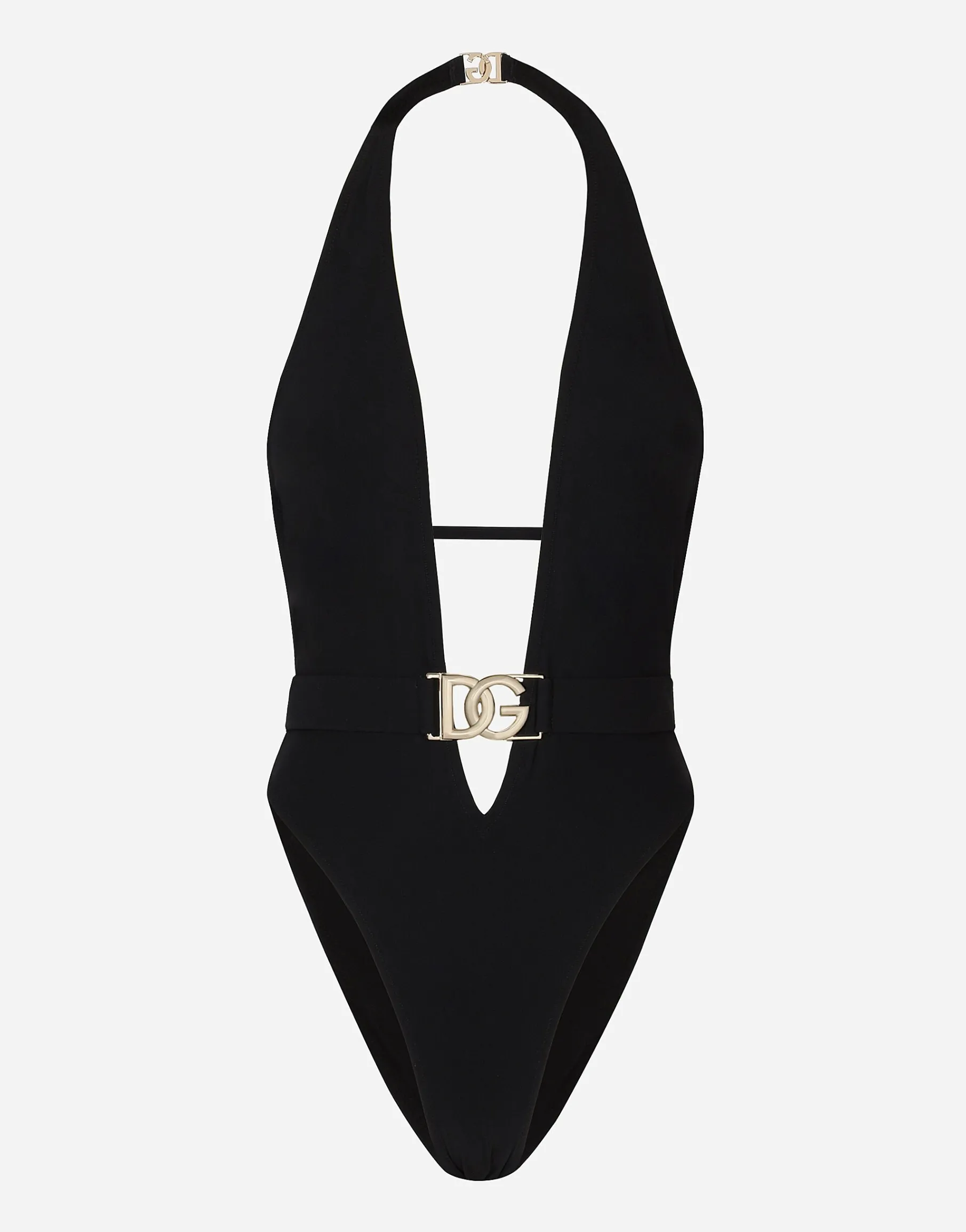 One-piece swimsuit with plunging neck and belt
