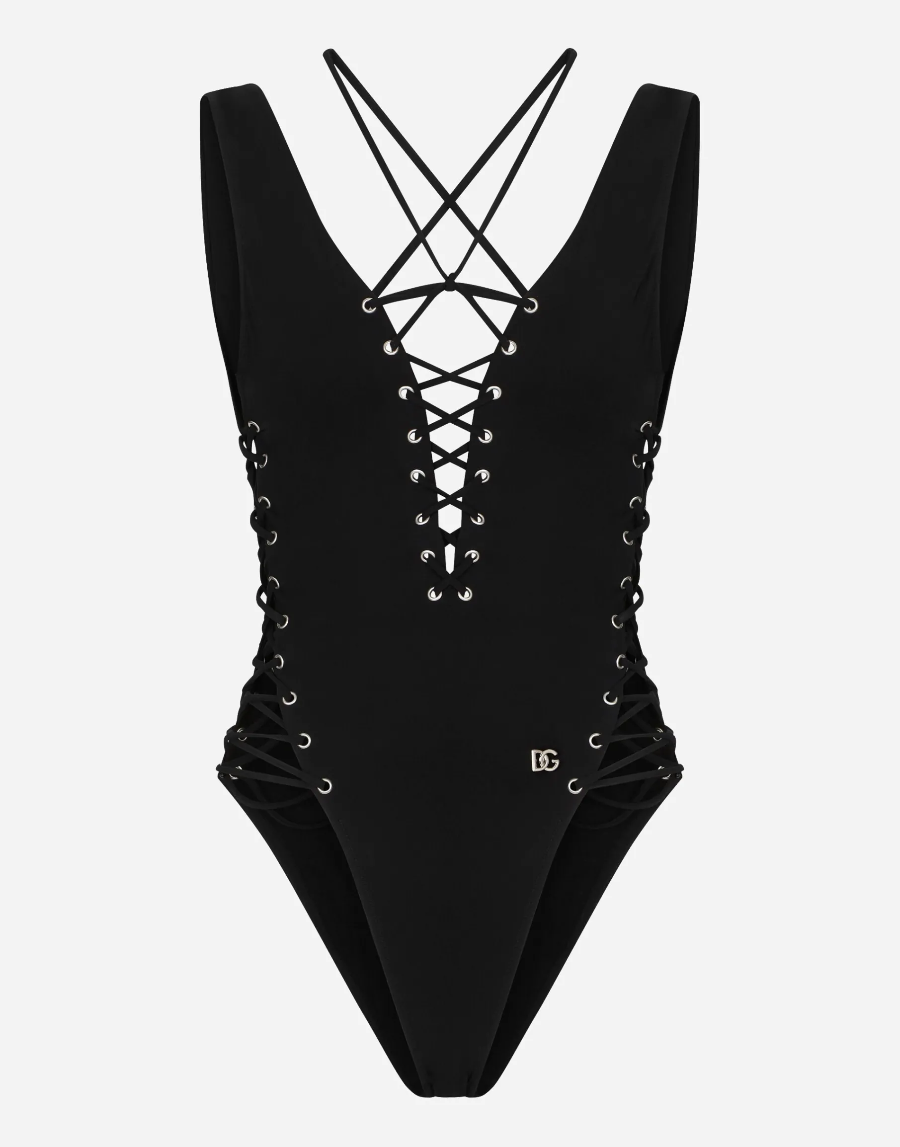 One-piece swimsuit with plunging neckline and lacing and eyelets