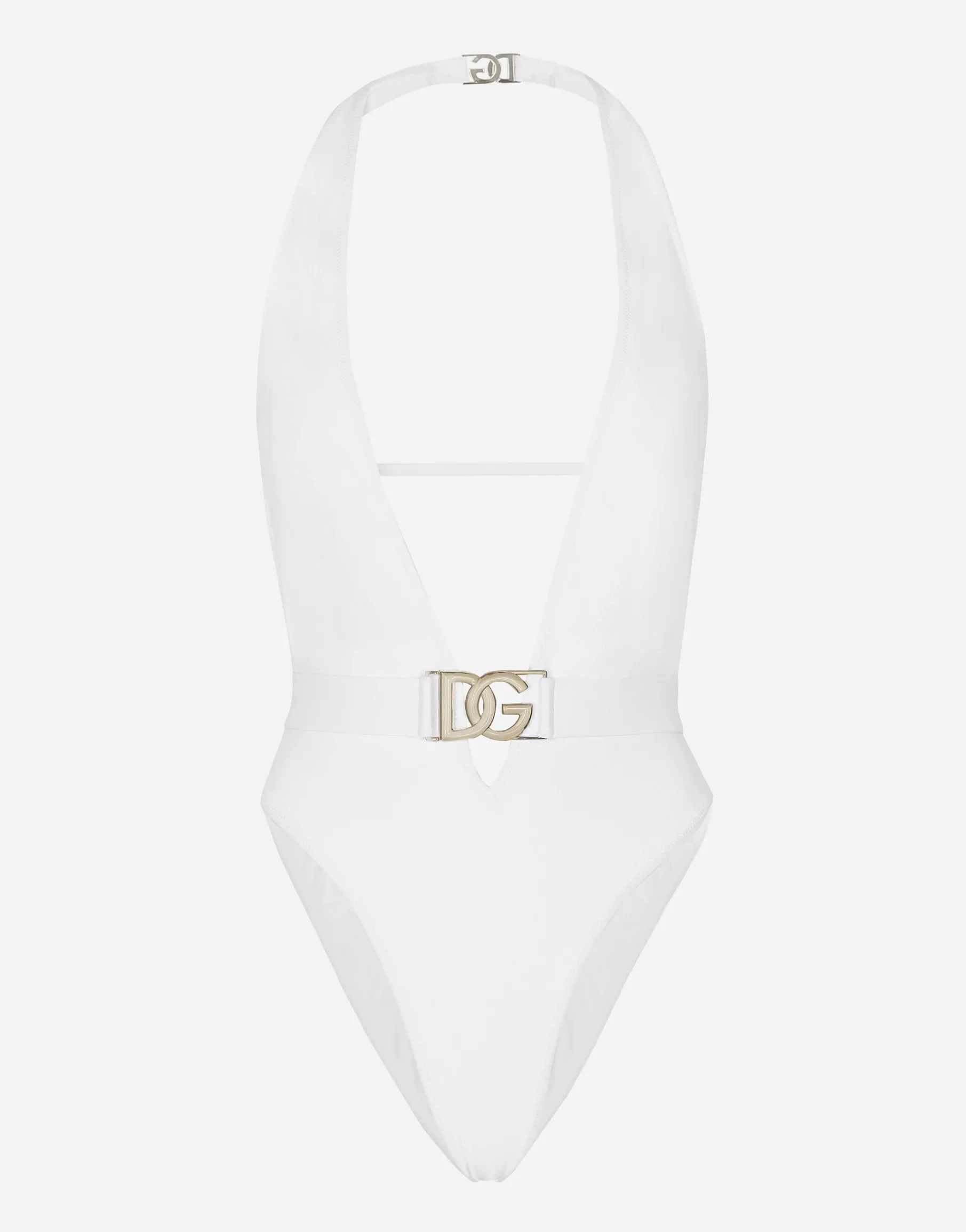 One-piece swimsuit with plunging neck and belt