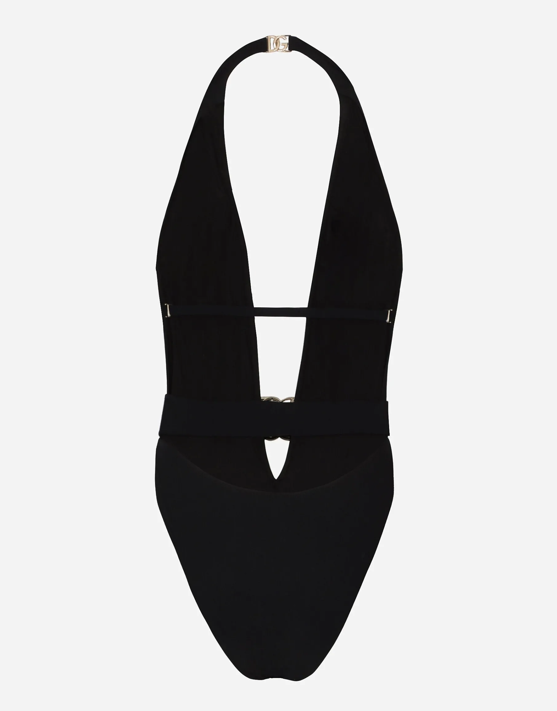 One-piece swimsuit with plunging neck and belt