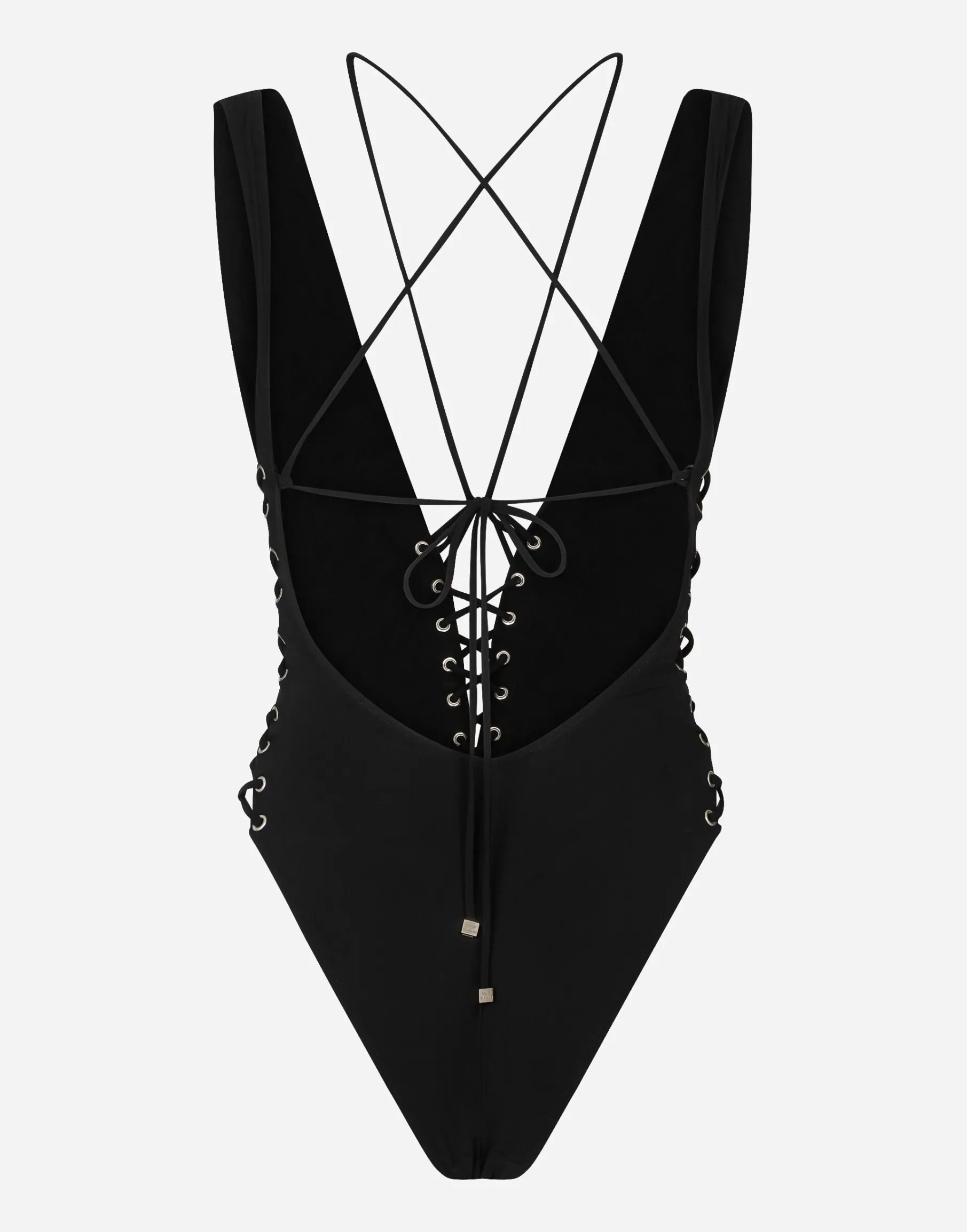 One-piece swimsuit with plunging neckline and lacing and eyelets