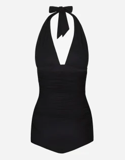 One-piece swimsuit with plunging neckline
