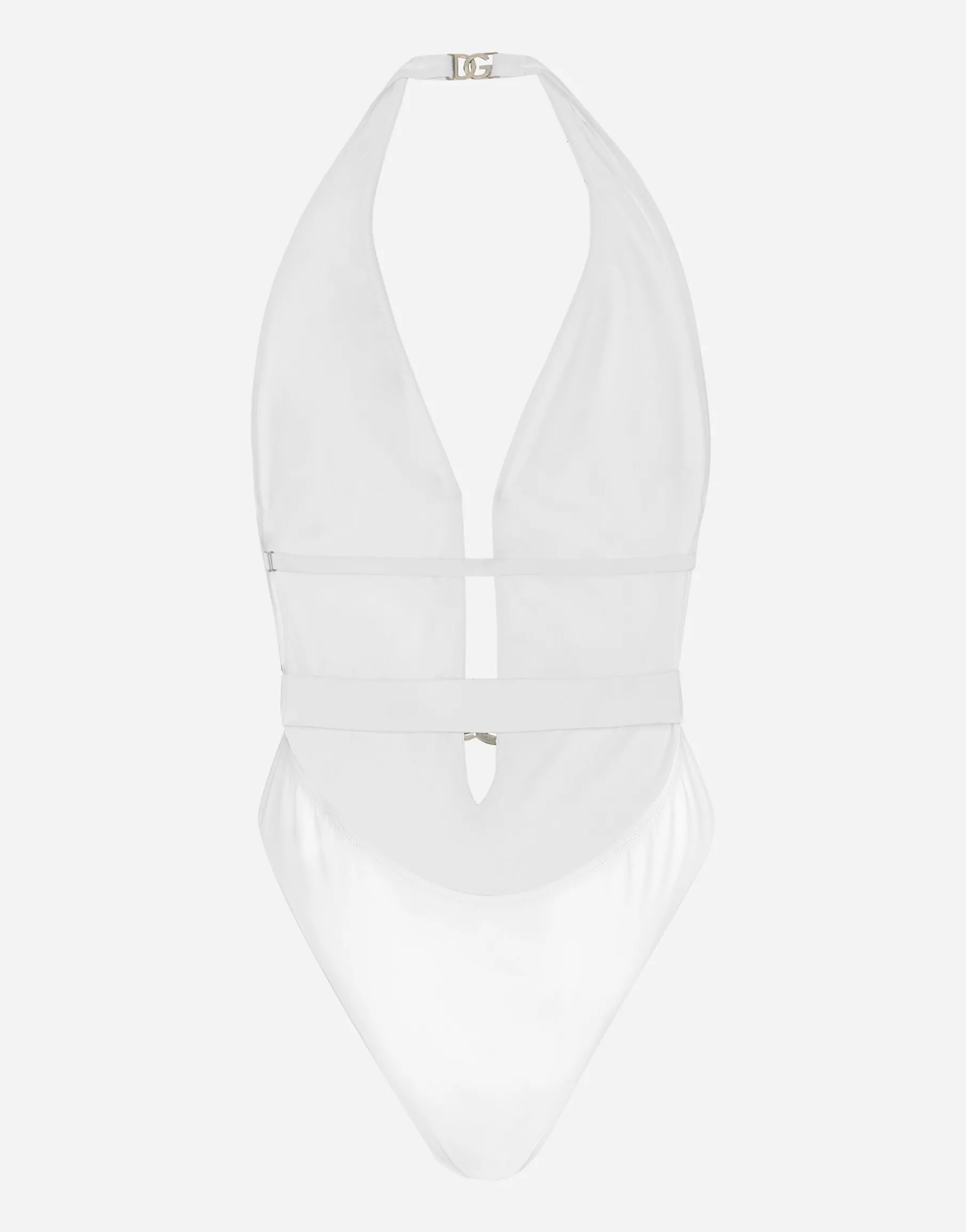 One-piece swimsuit with plunging neck and belt