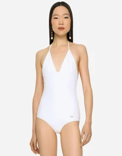 One-piece swimsuit with plunging neckline