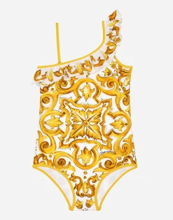 One-piece swimsuit with yellow majolica print