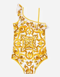 One-piece swimsuit with yellow majolica print