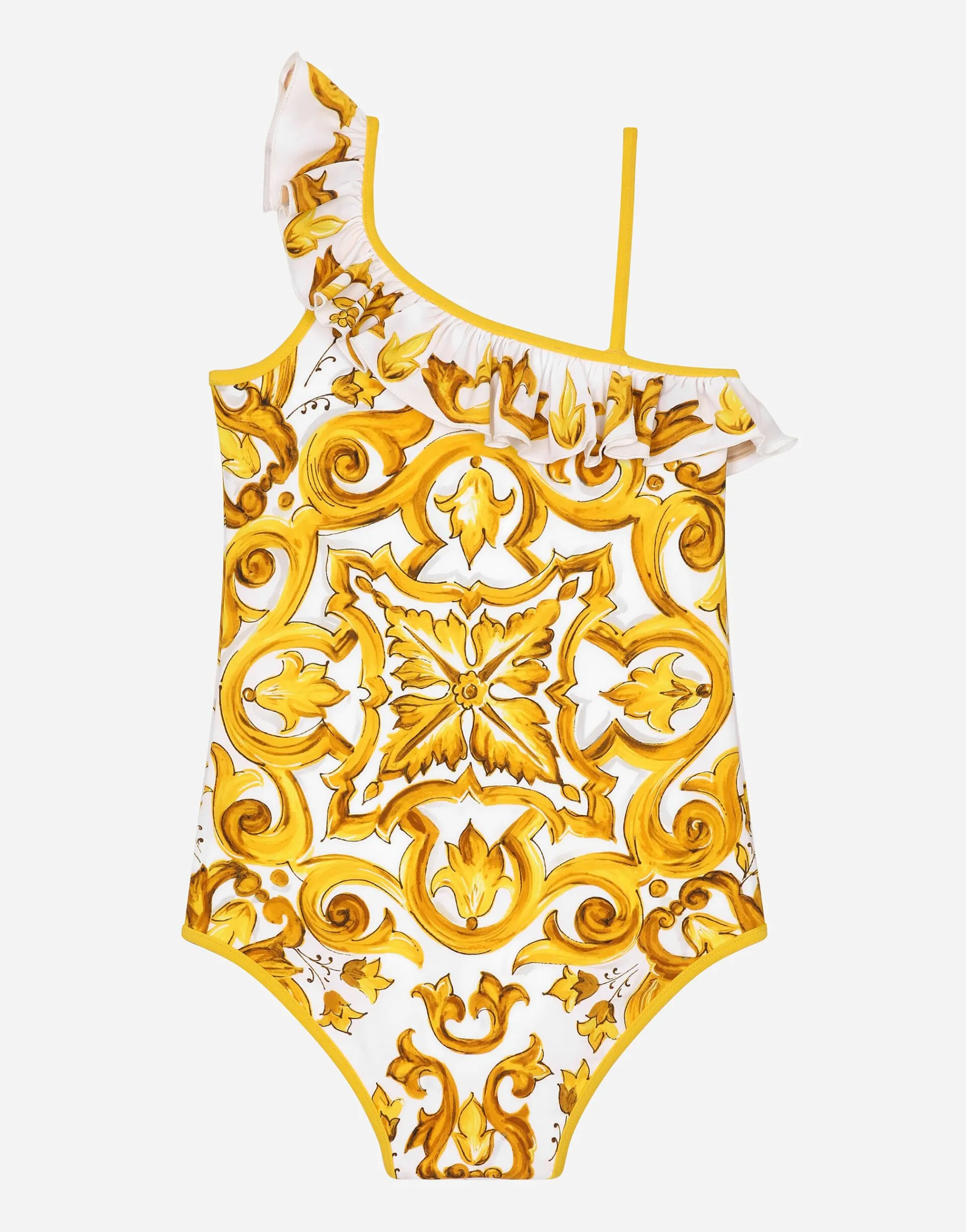 One-piece swimsuit with yellow majolica print