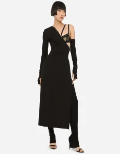 One-shoulder jersey dress with detached sleeve detail