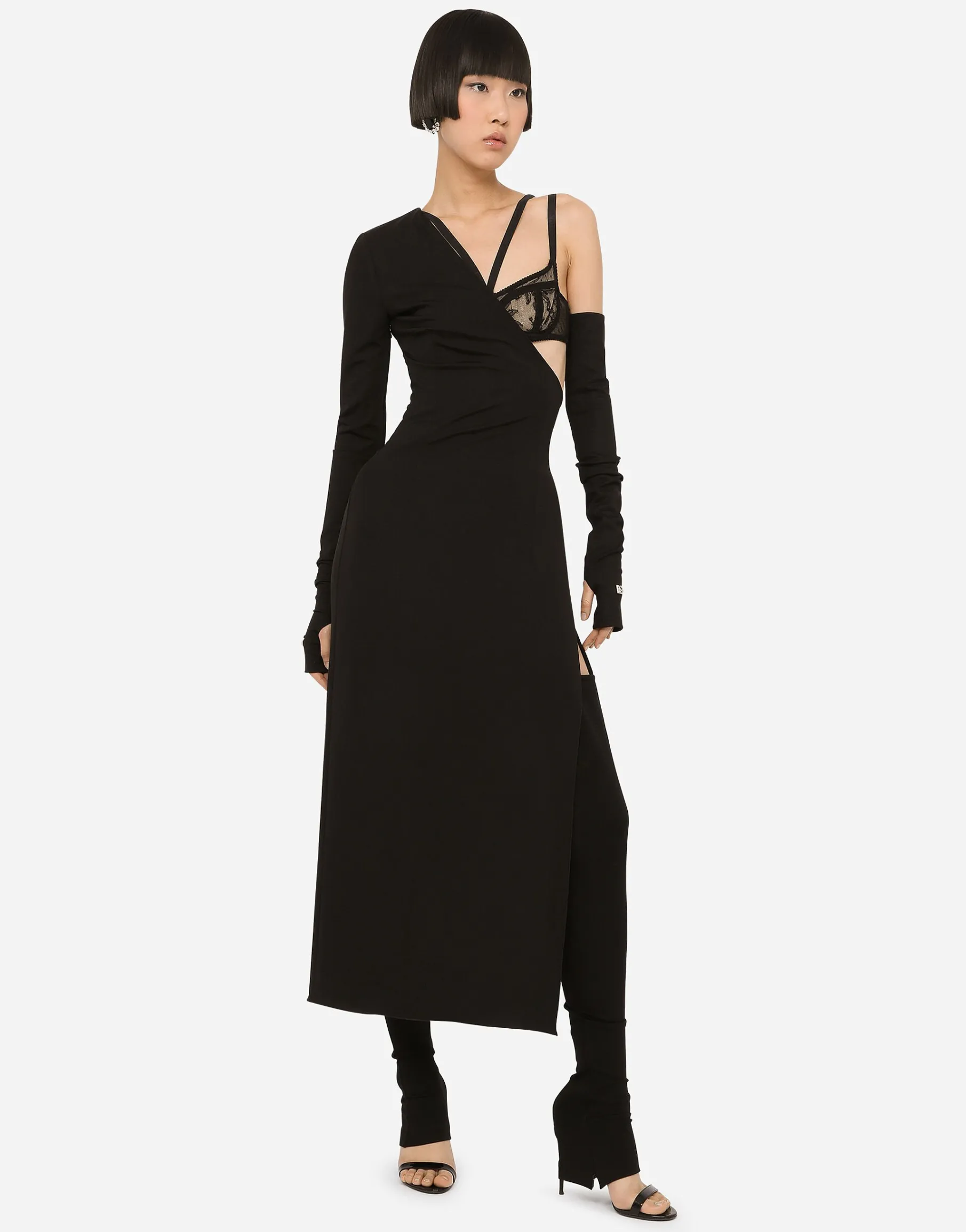 One-shoulder jersey dress with detached sleeve detail