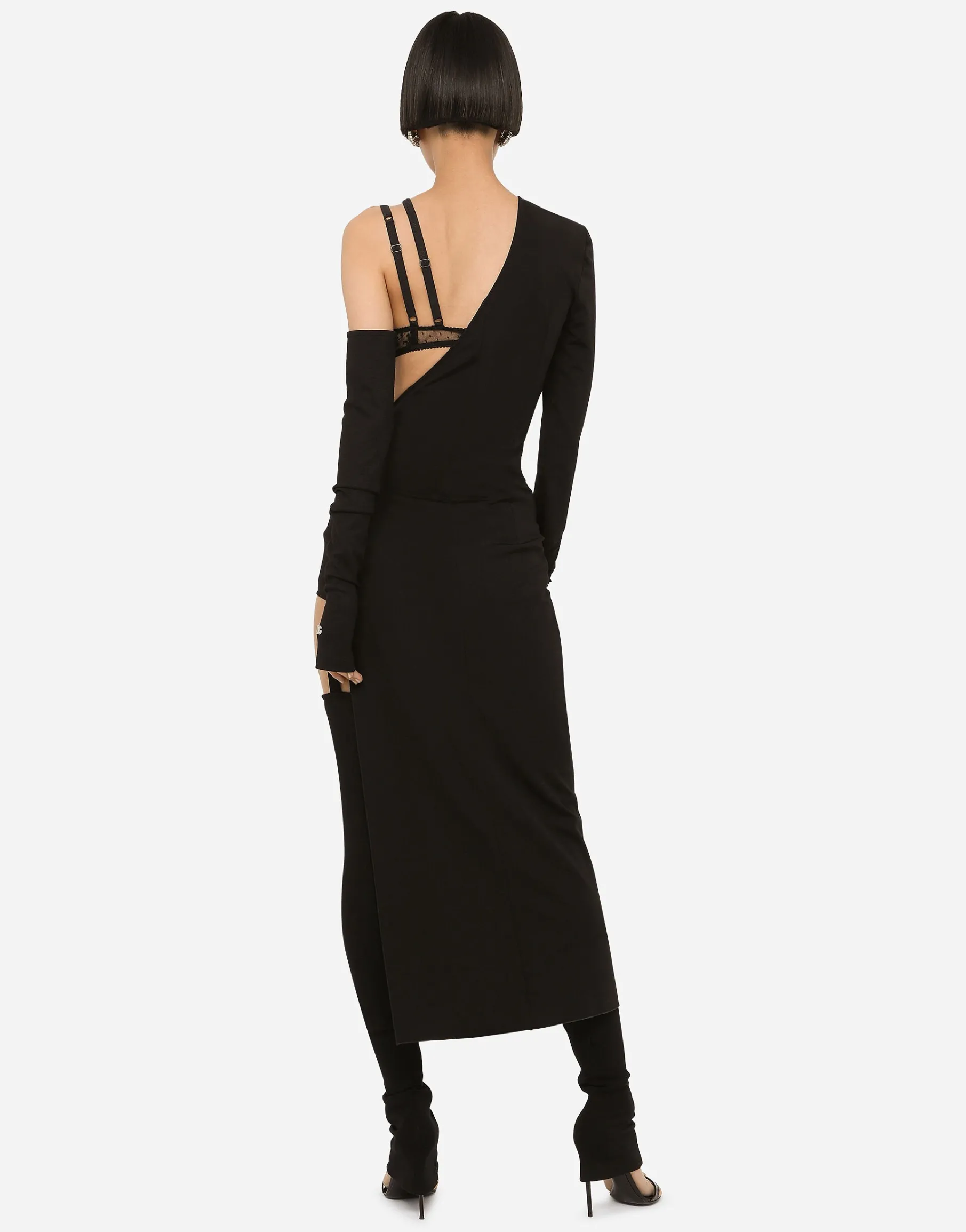 One-shoulder jersey dress with detached sleeve detail