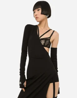 One-shoulder jersey dress with detached sleeve detail
