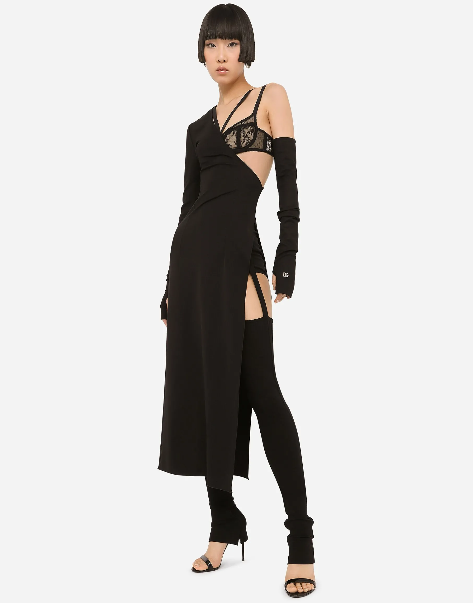 One-shoulder jersey dress with detached sleeve detail