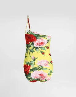 One-shoulder one-piece swimsuit with floral bouquet print