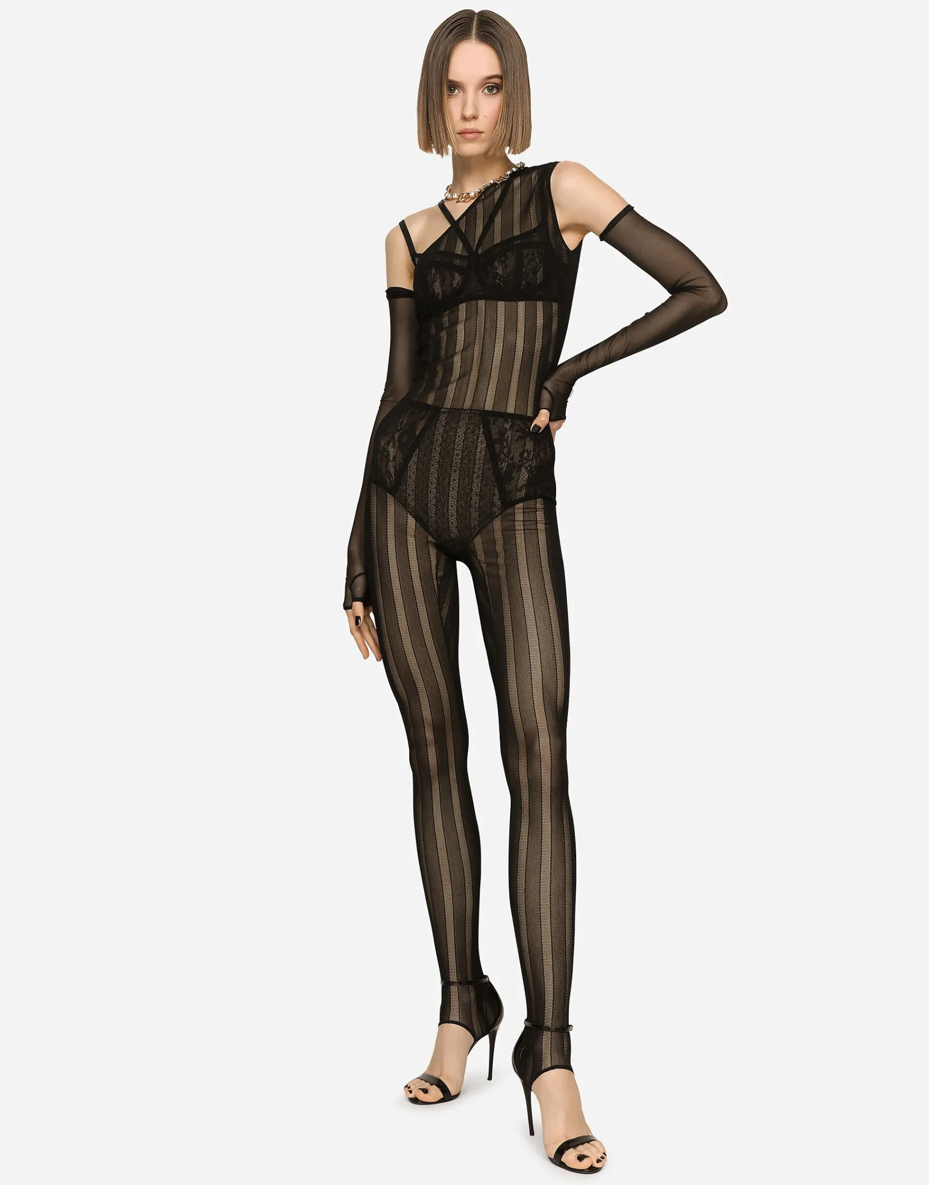 One-shoulder tulle jacquard jumpsuit
