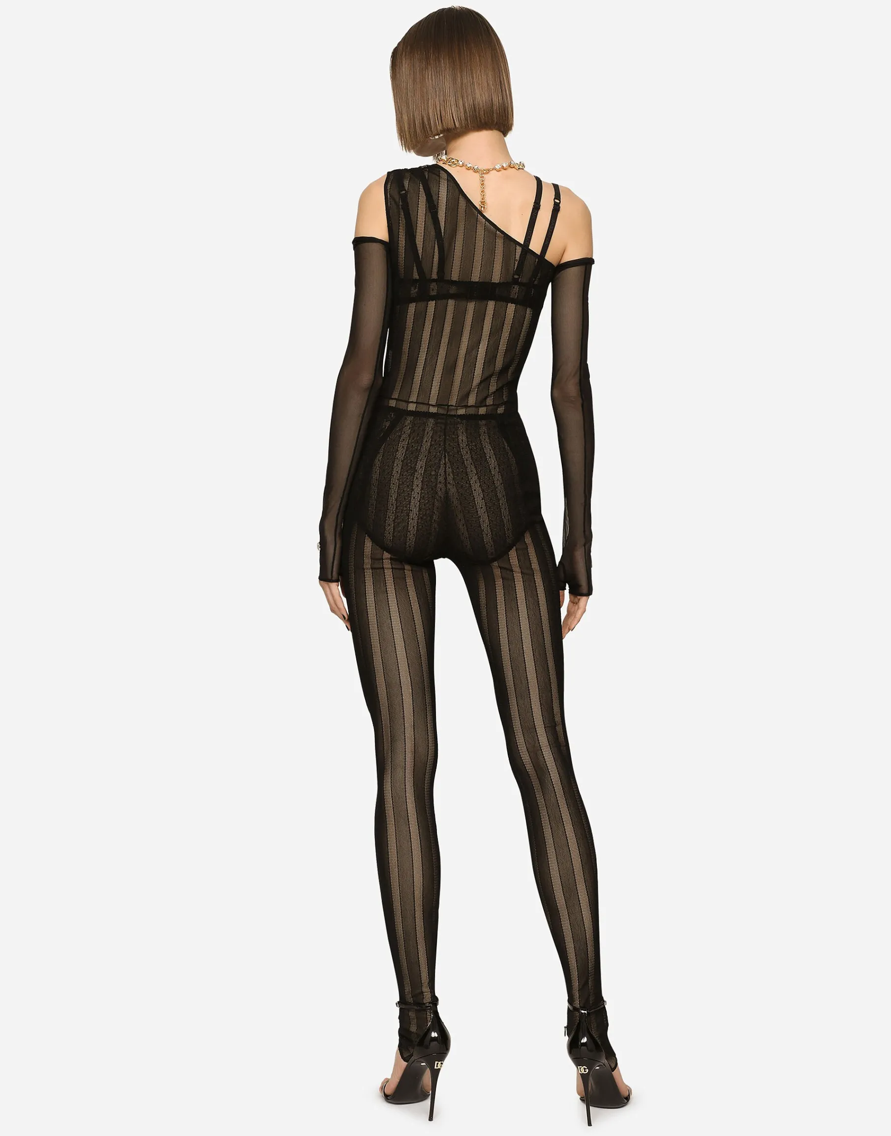One-shoulder tulle jacquard jumpsuit