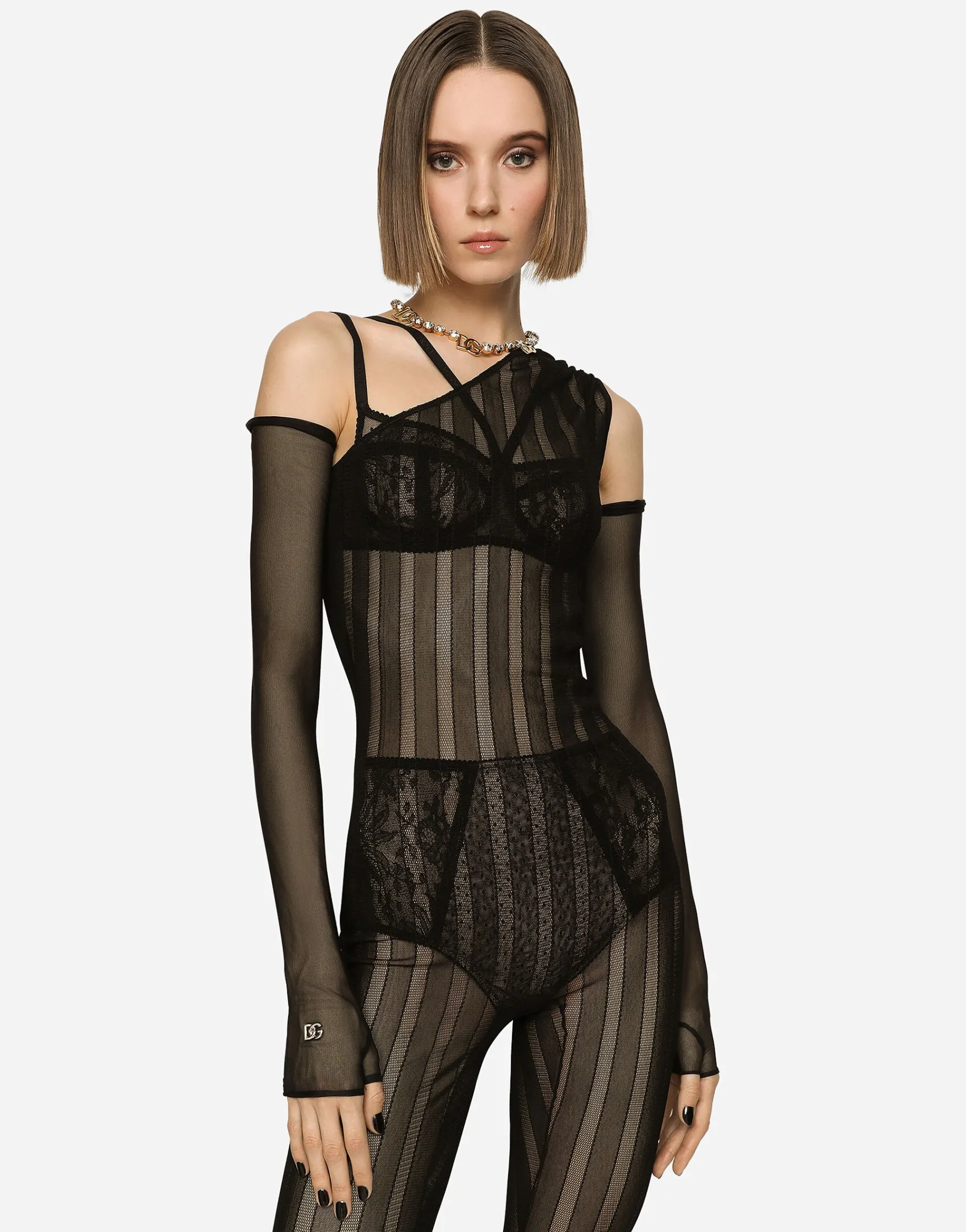 One-shoulder tulle jacquard jumpsuit