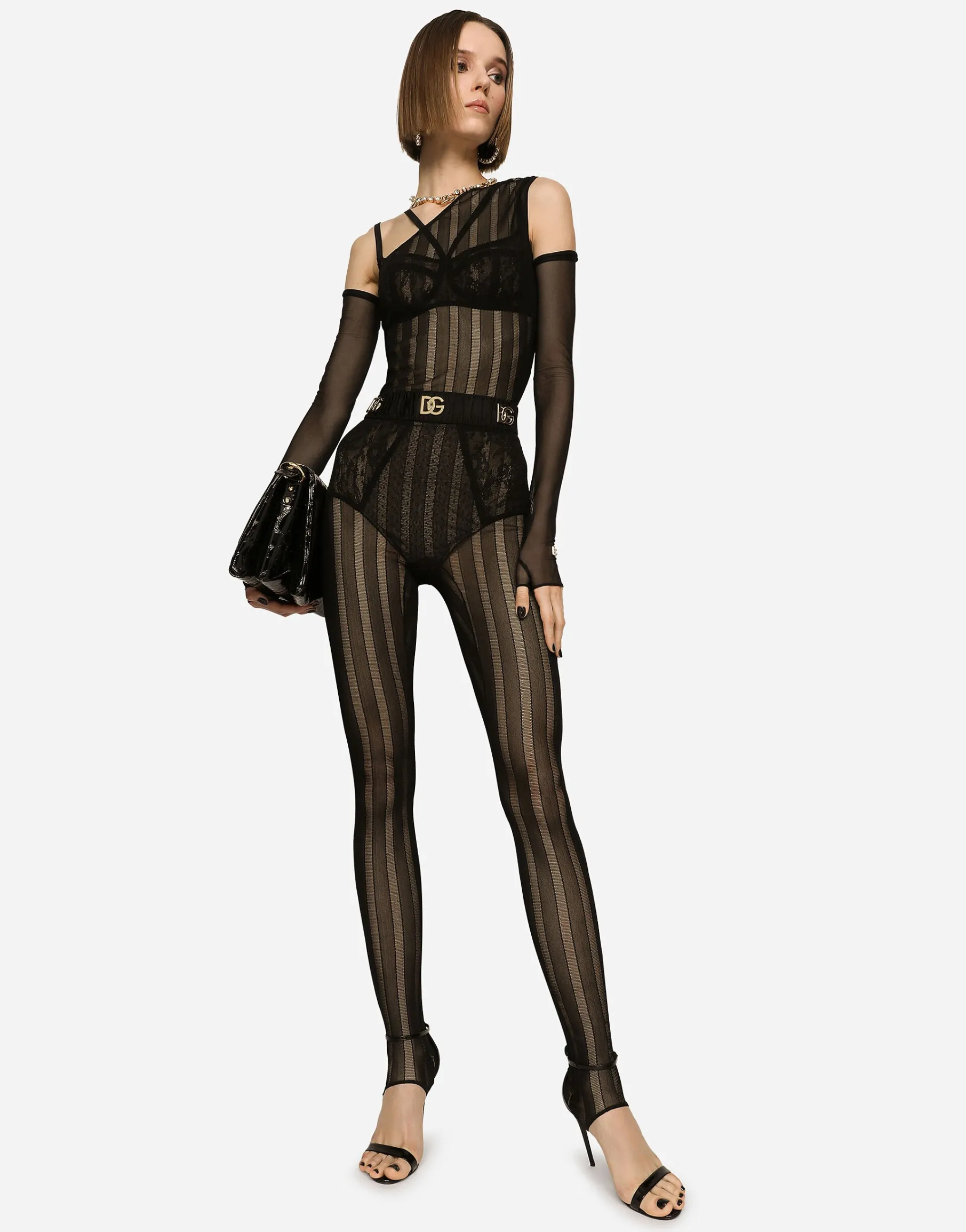 One-shoulder tulle jacquard jumpsuit