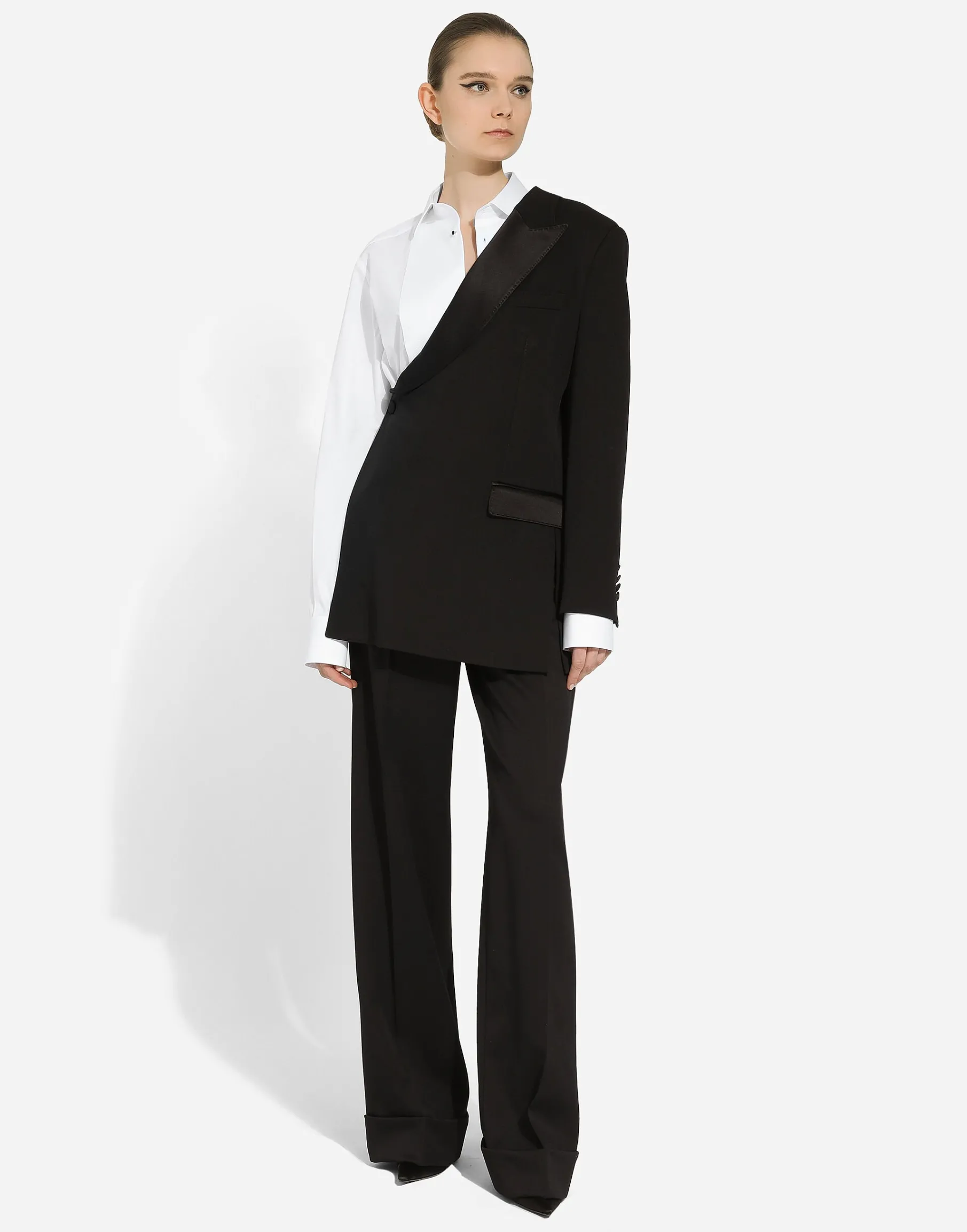 One-shoulder wool gabardine jacket