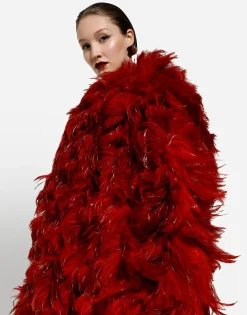 Organza coat with rooster feather embellishment