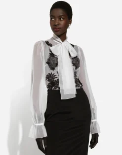 Organza pussy-bow shirt with lace appliqués